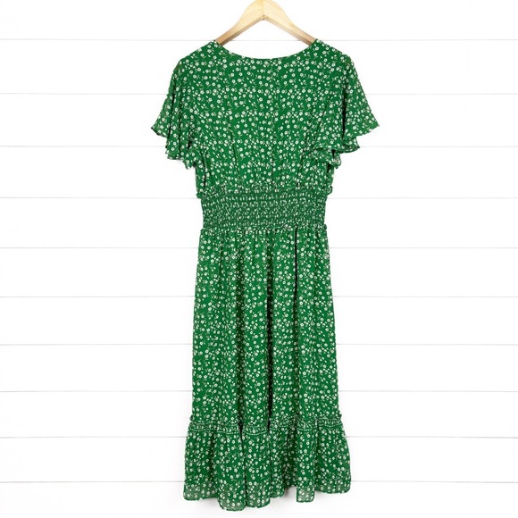 NWT Max Studio Green Floral Dress Ruffle Flutter Sleeve Smocked Large New - Picture 2 of 6
